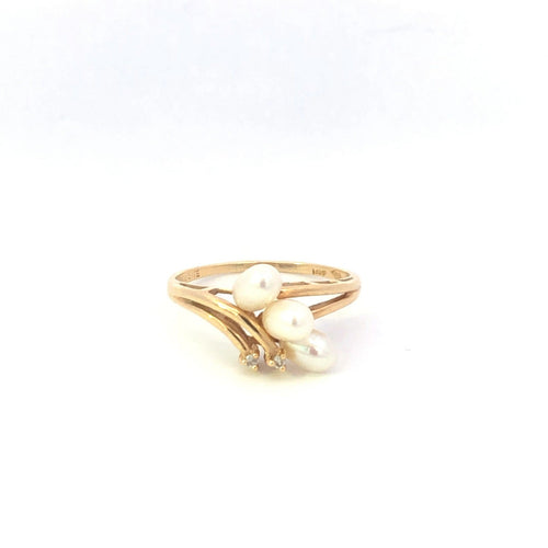 14K Pearl Diamond Freeform Cluster Statement Ring Yellow Gold