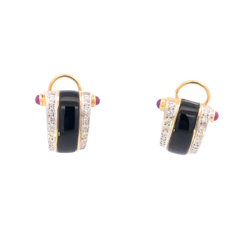 14K Curved Black Onyx Diamond Ruby French Clip Earrings Yellow Gold