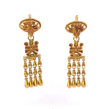 Load image into Gallery viewer, 18K Peruvian Ornate Falcon Bird Dangle Fringe Earrings Yellow Gold