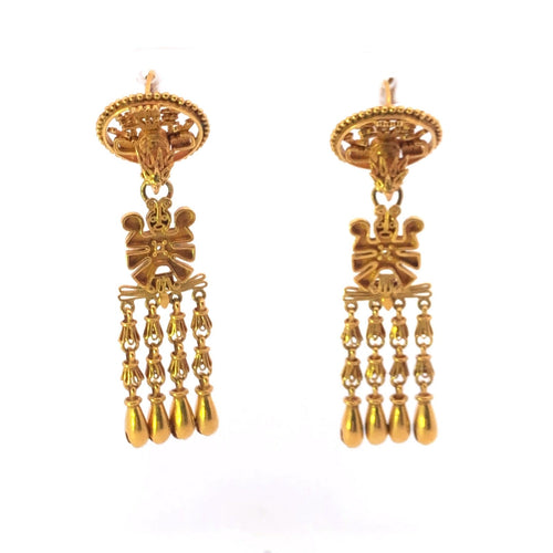 18K Peruvian Ornate Falcon Bird Dangle Fringe Earrings Yellow Gold