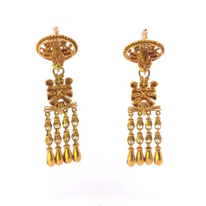 18K Peruvian Ornate Falcon Bird Dangle Fringe Earrings Yellow Gold