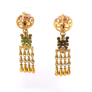 18K Peruvian Ornate Falcon Bird Dangle Fringe Earrings Yellow Gold