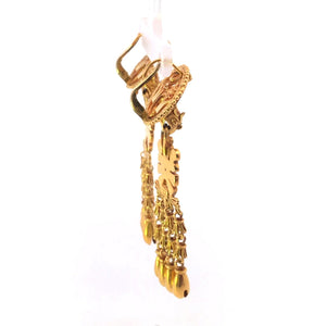 18K Peruvian Ornate Falcon Bird Dangle Fringe Earrings Yellow Gold