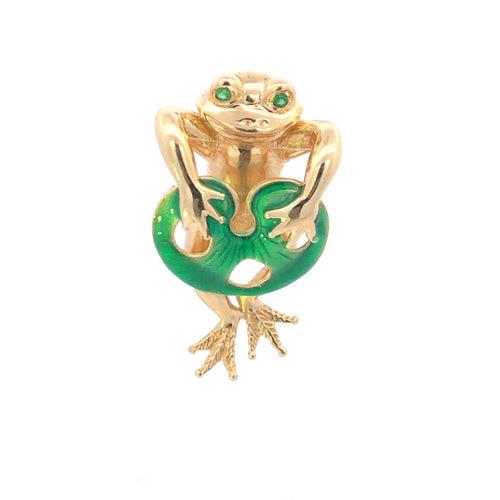 14K Green Enamel Emerald Eyed Frog Lily Pad Pendant Yellow Gold