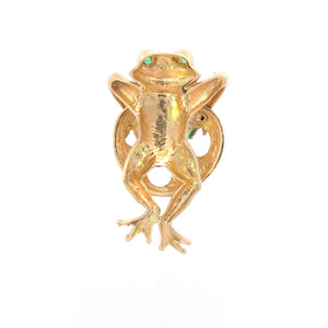 14K Green Enamel Emerald Eyed Frog Lily Pad Pendant Yellow Gold