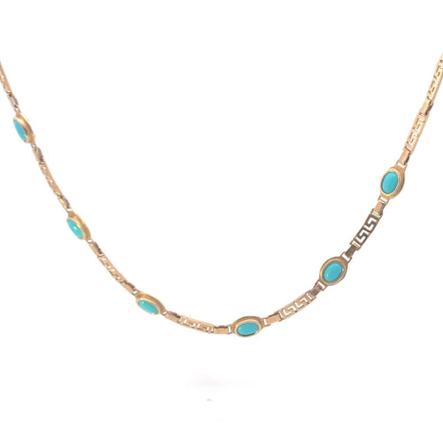 14K Oval Turquoise Greek Wave Vintage Bar Link Necklace 16.5