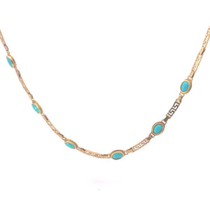 14K Oval Turquoise Greek Wave Vintage Bar Link Necklace 16.5" Yellow Gold