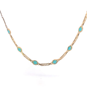 14K Oval Turquoise Greek Wave Vintage Bar Link Necklace 16.5" Yellow Gold