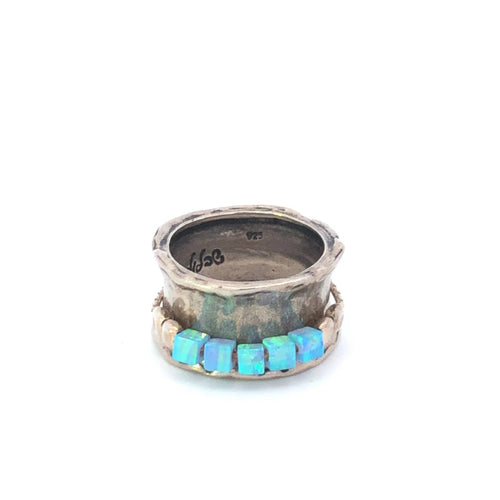 Sterling Silver Curved Syn. Opal Cube Bead Chain Band Ring
