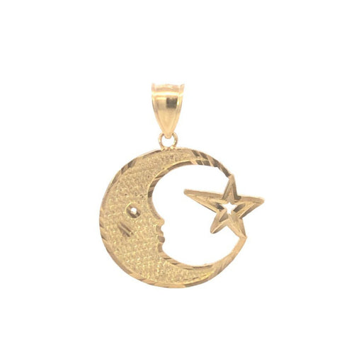 10K Crescent Moon Star Diamond Cut Medallion Pendant Yellow Gold