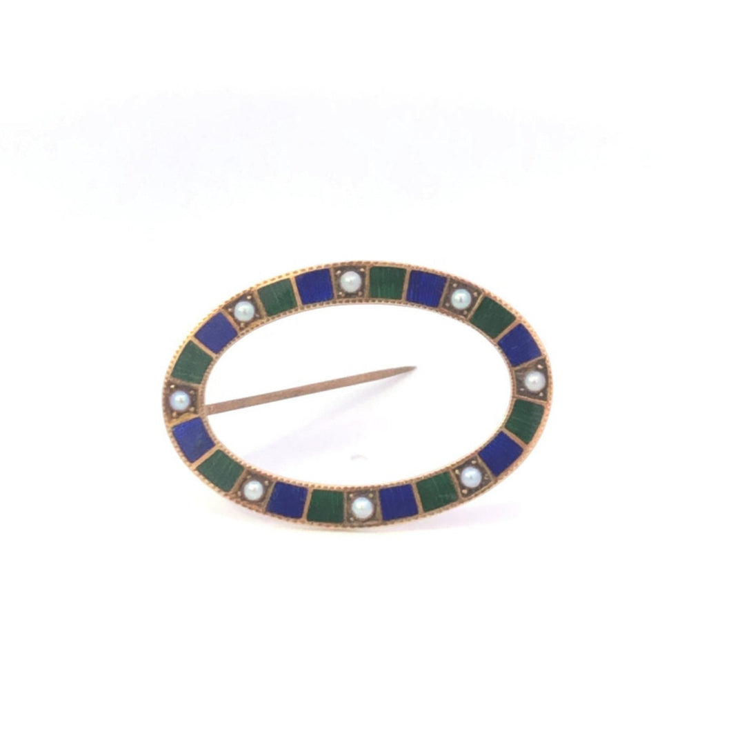 14K Oval Enamel Seed Pearl Vintage Classic Pin/Brooch