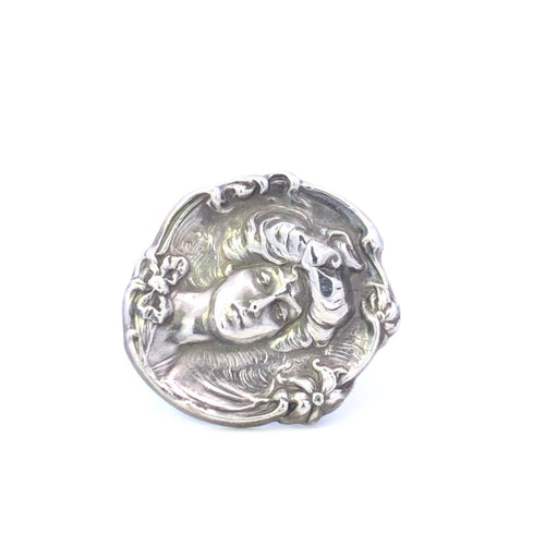 Sterling Silver Art Nouveau Floral Framed Lady Vintage Pin/Brooch
