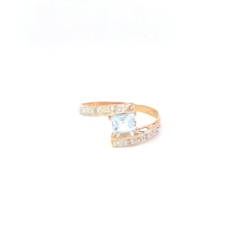 10K Princess Aquamarine Diamond Vintage Bypass Ring Yellow Gold