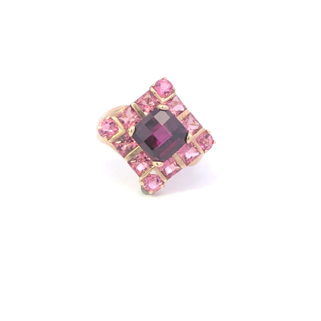 10K Faceted Tourmaline Pink Topaz Square Cocktail Ring Yellow Gold