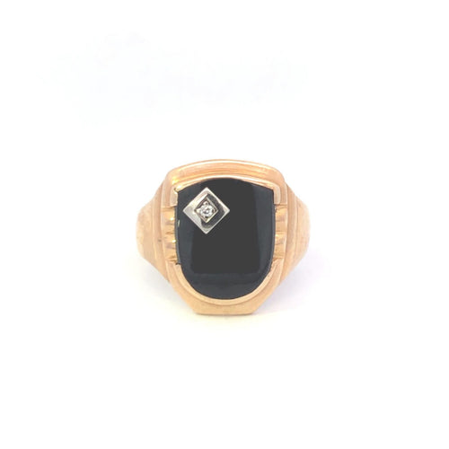 10K Art Deco Black Onyx Diamond Vintage Men's Ring Yellow Gold