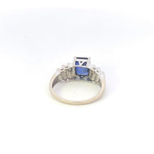 Load image into Gallery viewer, 10K Emerald Cut Syn. Sapphire Diamond Vintage Ring White Gold