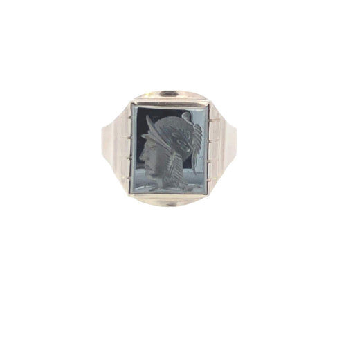 10K Carved Hematite Intaglio Vintage Men's Squared Ring White Gold