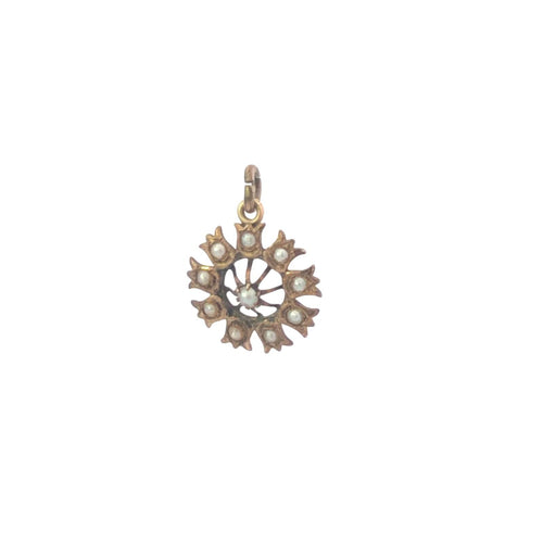 10K Seed Pearl Flower Cluster Statement Charm/Pendant Yellow Gold