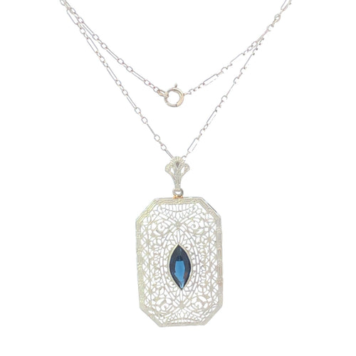 10K Art Deco Syn. Sapphire Filigree Ornate Chain Necklace 15