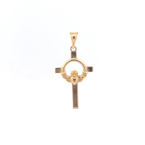 14K Cross Claddagh Celtic Irish Loyalty Faith Pendant Yellow Gold