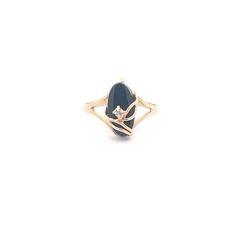 14K Black Onyx Diamond Leaf Wave Statement Ring Yellow Gold