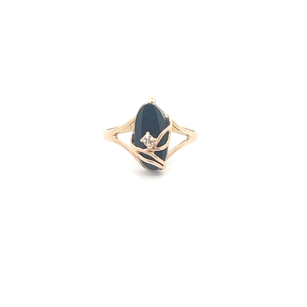 14K Black Onyx Diamond Leaf Wave Statement Ring Yellow Gold