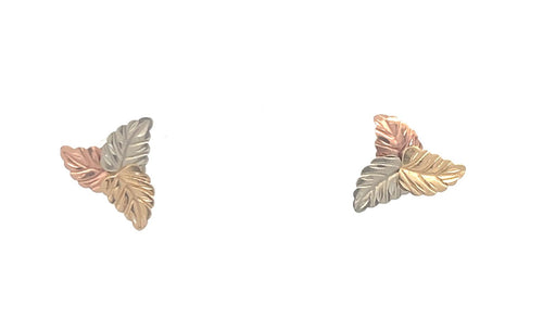 14K Tri Tone Black Hills Leaf Triangle Stud Earrings Yellow Gold