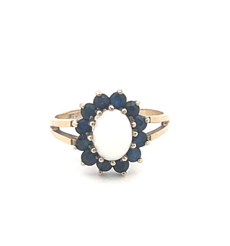 10K Opal Sapphire Halo Vintage Statement Ring Yellow Gold