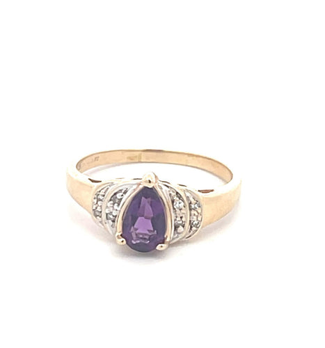 10K Pear Amethyst Diamond Accent Statement Ring Yellow Gold