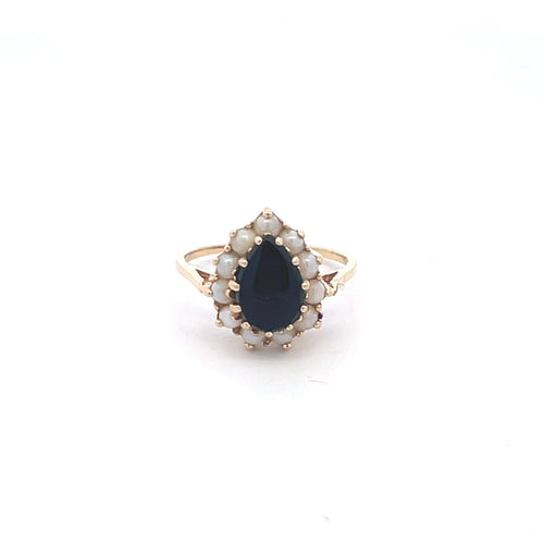14K Pear Black Onyx Vintage Pearl Halo Ring Yellow Gold