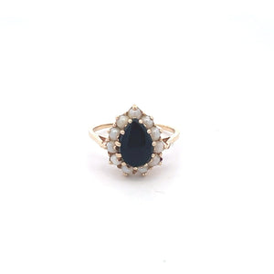 14K Pear Black Onyx Vintage Pearl Halo Ring Yellow Gold