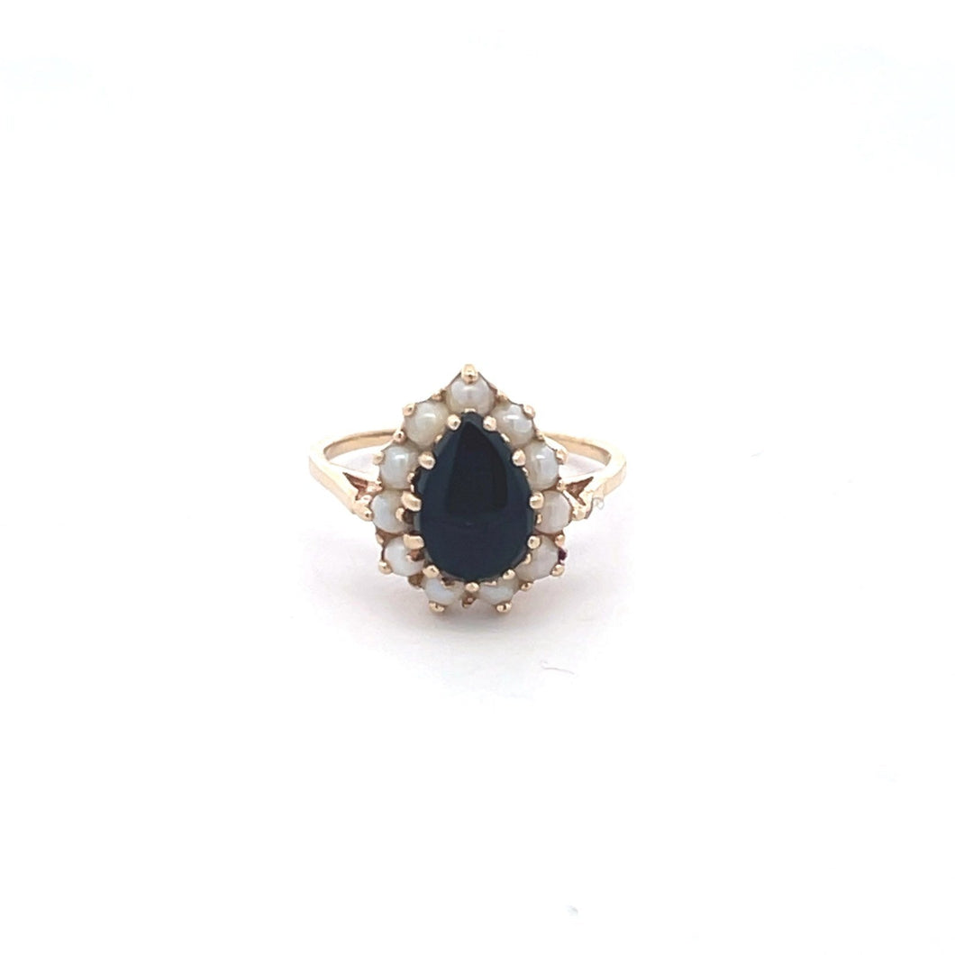 14K Pear Black Onyx Vintage Pearl Halo Ring Yellow Gold