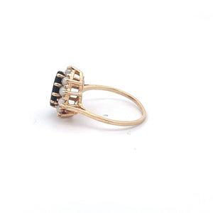 14K Pear Black Onyx Vintage Pearl Halo Ring Yellow Gold