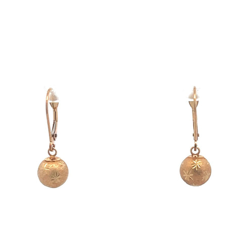 14K Diamond Cut Star Pattern Ball Dangle Earrings Yellow Gold
