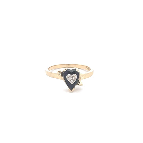 10K Heart Black Onyx Diamond Vintage Bypass Ring Yellow Gold