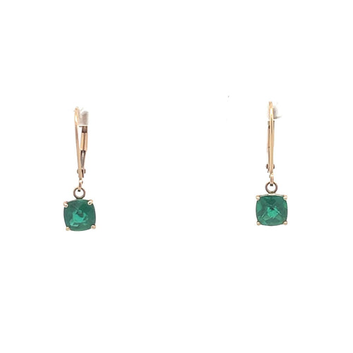 10K Cushion Faceted Syn. Emerald Dangle Earrings Yellow Gold